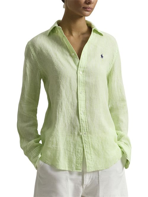camicia donna in lino over a righe lime e bianco Ralph Lauren | 211A96158001